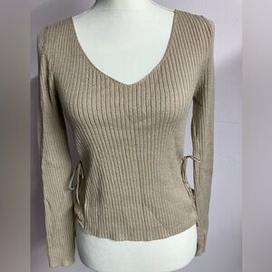 Great American Sweater Co. Women’s Pullover Ribbed Top, Medium, Tan, Lace Sides